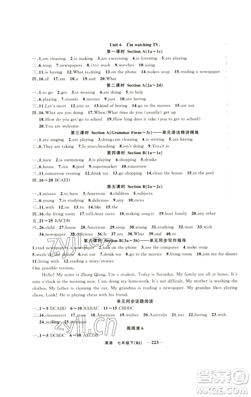 新疆青少年出版社2023四清導(dǎo)航七年級(jí)下冊英語人教版河南專版參考答案