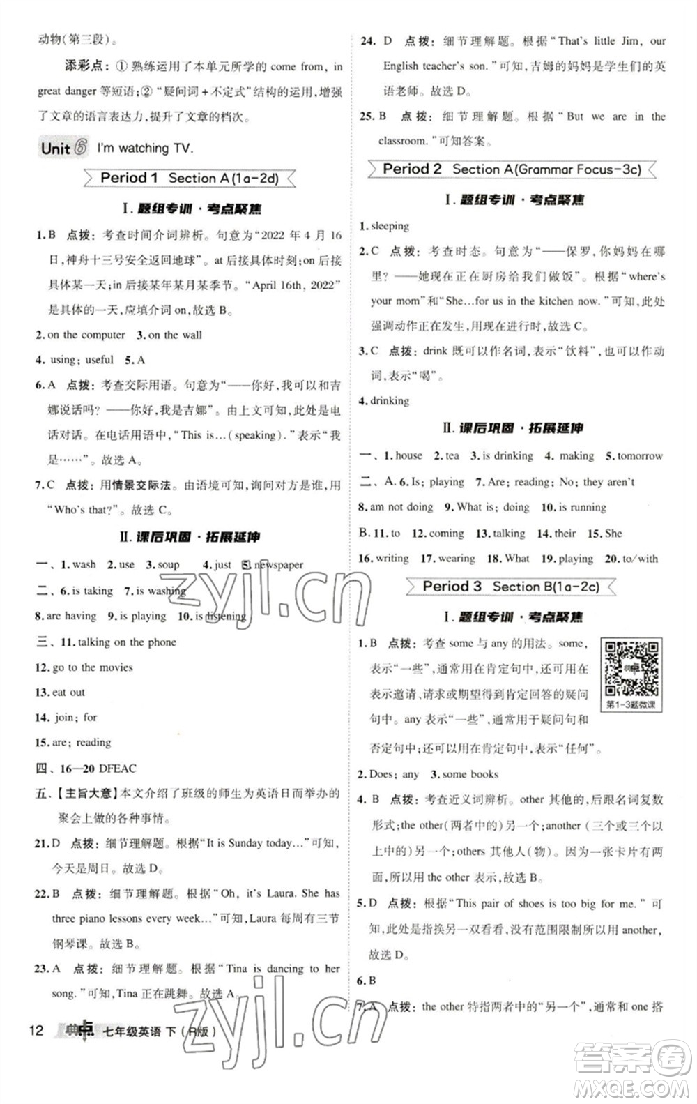 陜西人民教育出版社2023綜合應(yīng)用創(chuàng)新題典中點七年級英語下冊人教版參考答案