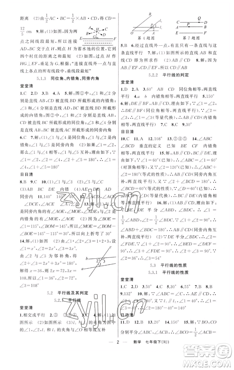 新疆青少年出版社2023四清導(dǎo)航七年級(jí)下冊(cè)數(shù)學(xué)人教版河南專(zhuān)版參考答案