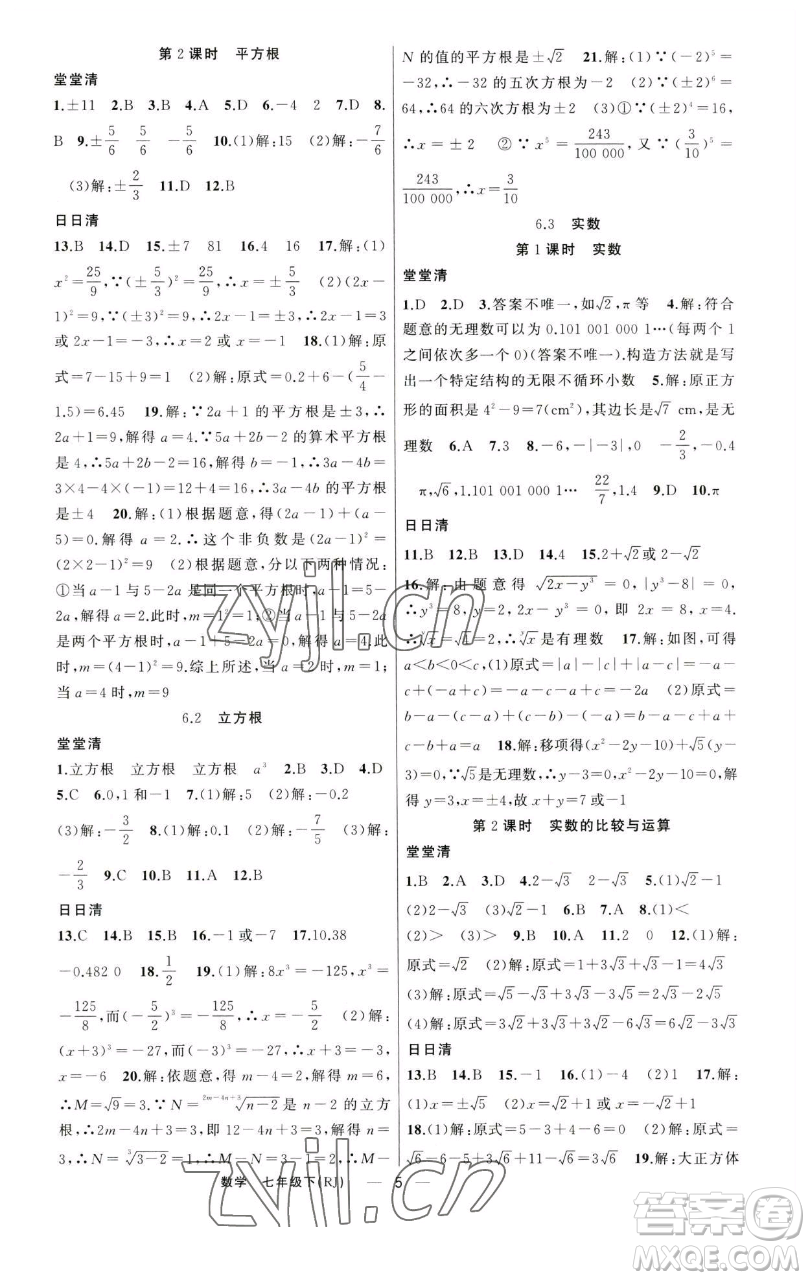 新疆青少年出版社2023四清導(dǎo)航七年級(jí)下冊(cè)數(shù)學(xué)人教版河南專(zhuān)版參考答案