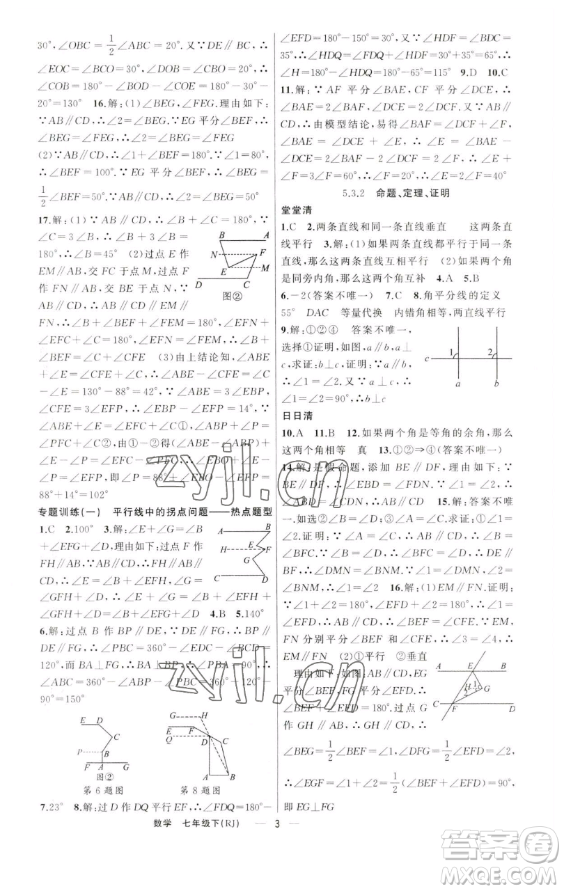 新疆青少年出版社2023四清導(dǎo)航七年級(jí)下冊(cè)數(shù)學(xué)人教版河南專(zhuān)版參考答案