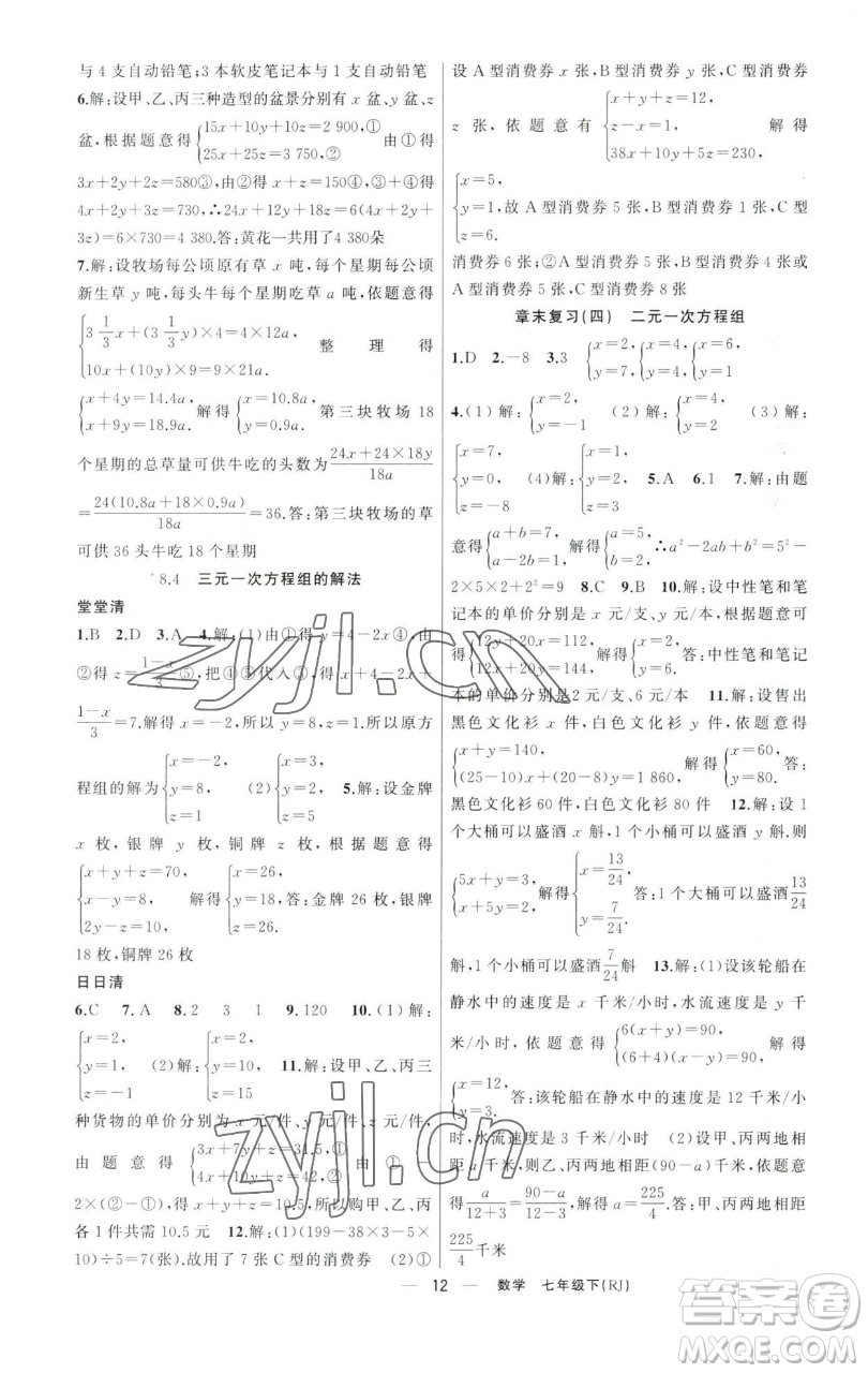 新疆青少年出版社2023四清導(dǎo)航七年級(jí)下冊(cè)數(shù)學(xué)人教版河南專(zhuān)版參考答案