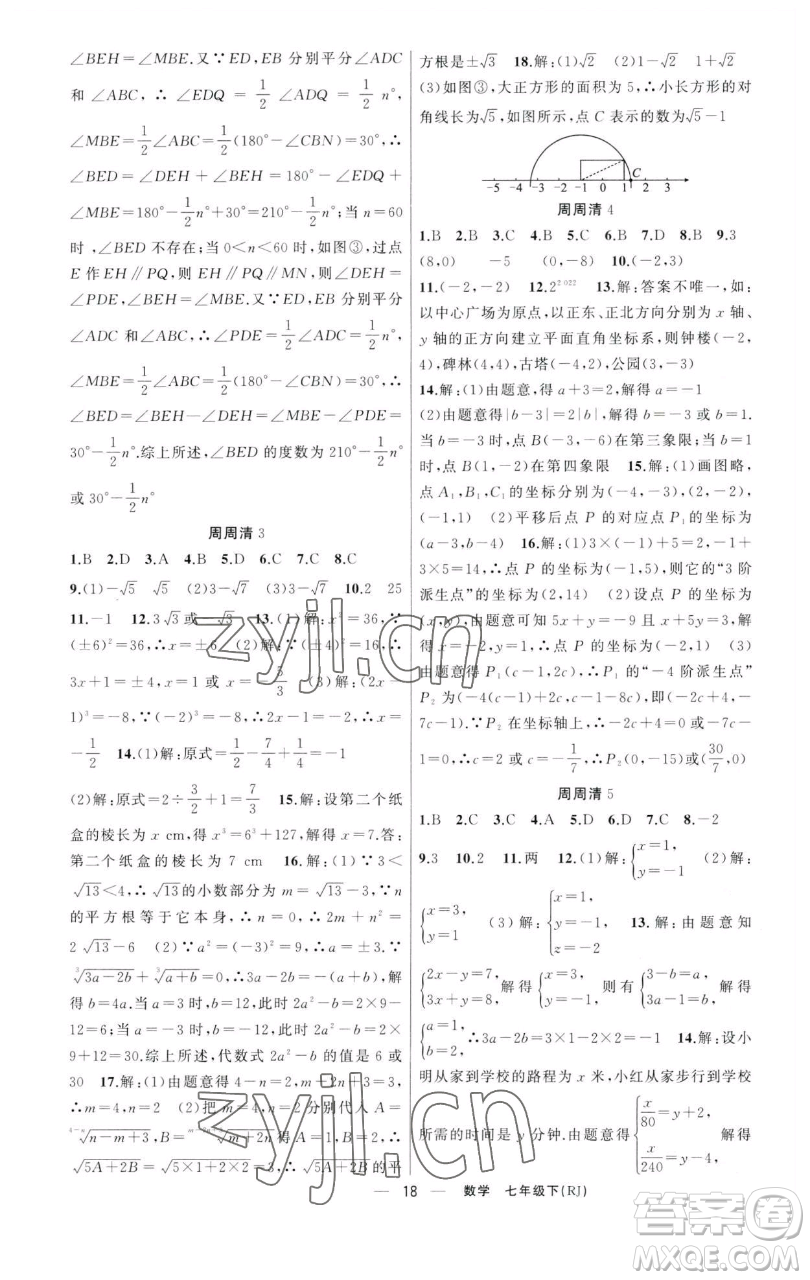 新疆青少年出版社2023四清導(dǎo)航七年級(jí)下冊(cè)數(shù)學(xué)人教版河南專(zhuān)版參考答案