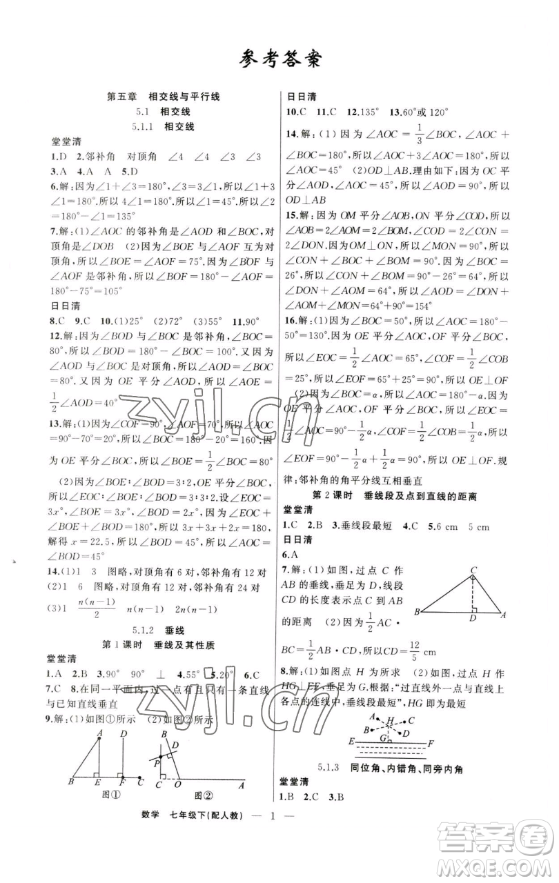 新疆青少年出版社2023四清導(dǎo)航七年級(jí)下冊(cè)數(shù)學(xué)人教版參考答案