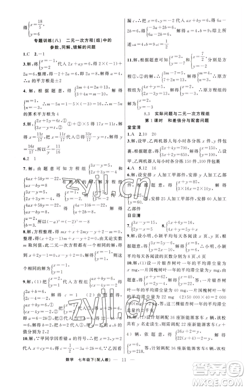 新疆青少年出版社2023四清導(dǎo)航七年級(jí)下冊(cè)數(shù)學(xué)人教版參考答案