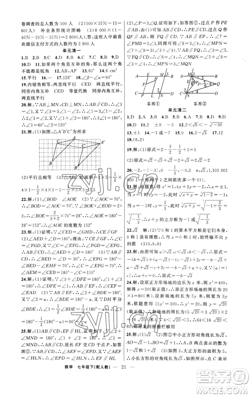 新疆青少年出版社2023四清導(dǎo)航七年級(jí)下冊(cè)數(shù)學(xué)人教版參考答案