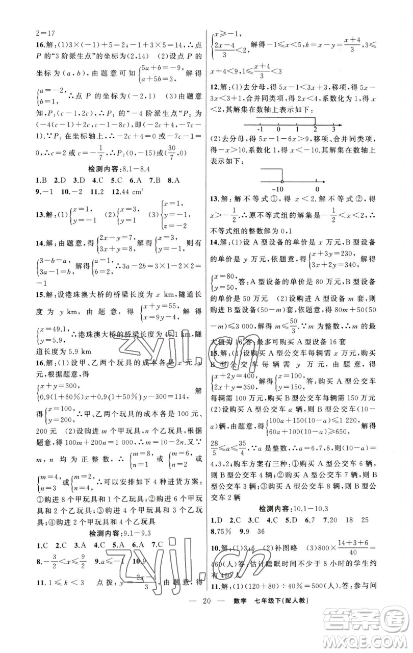 新疆青少年出版社2023四清導(dǎo)航七年級(jí)下冊(cè)數(shù)學(xué)人教版參考答案