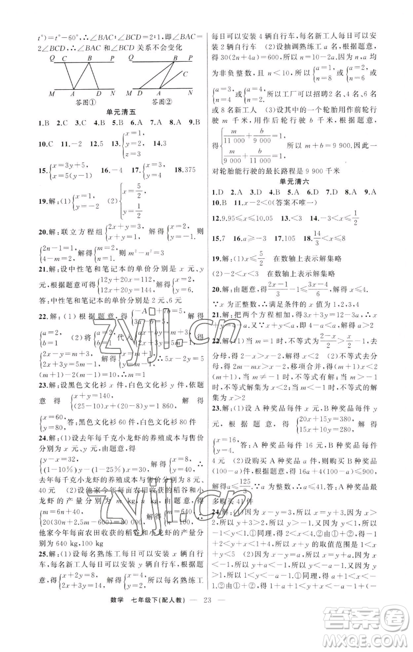 新疆青少年出版社2023四清導(dǎo)航七年級(jí)下冊(cè)數(shù)學(xué)人教版參考答案
