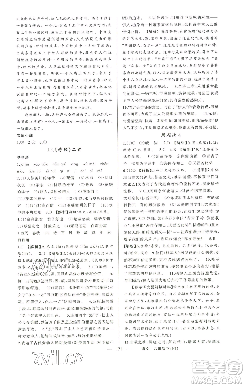 新疆青少年出版社2023四清導(dǎo)航八年級(jí)下冊(cè)語(yǔ)文人教版河南專版參考答案