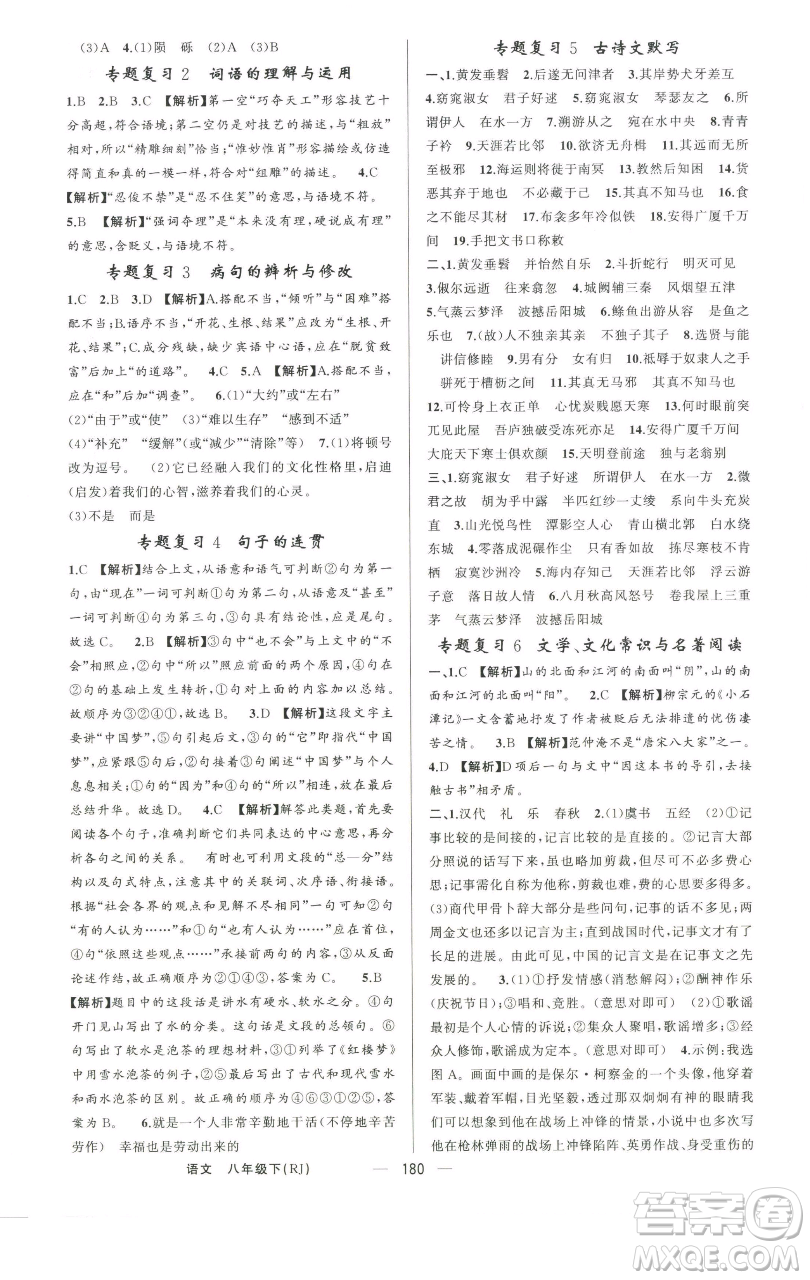 新疆青少年出版社2023四清導(dǎo)航八年級(jí)下冊(cè)語(yǔ)文人教版河南專版參考答案
