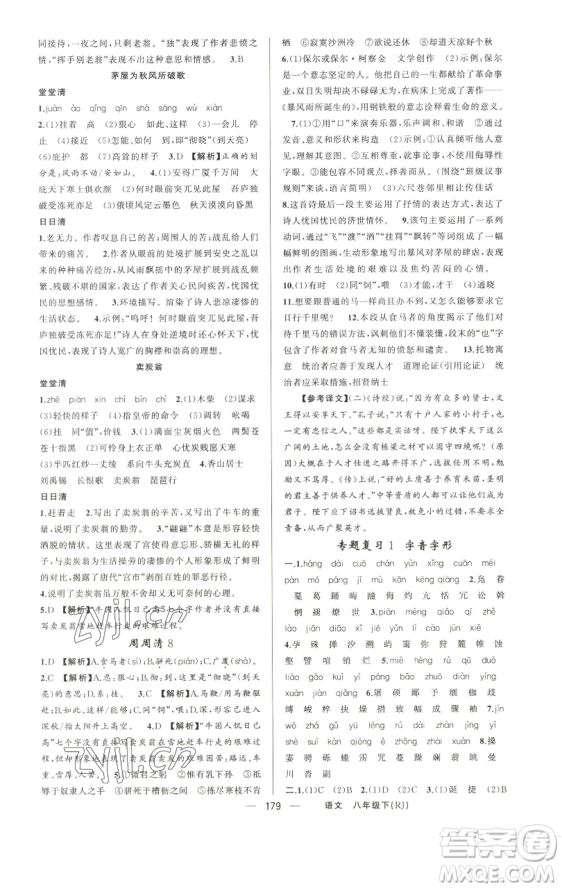 新疆青少年出版社2023四清導(dǎo)航八年級(jí)下冊(cè)語(yǔ)文人教版河南專版參考答案