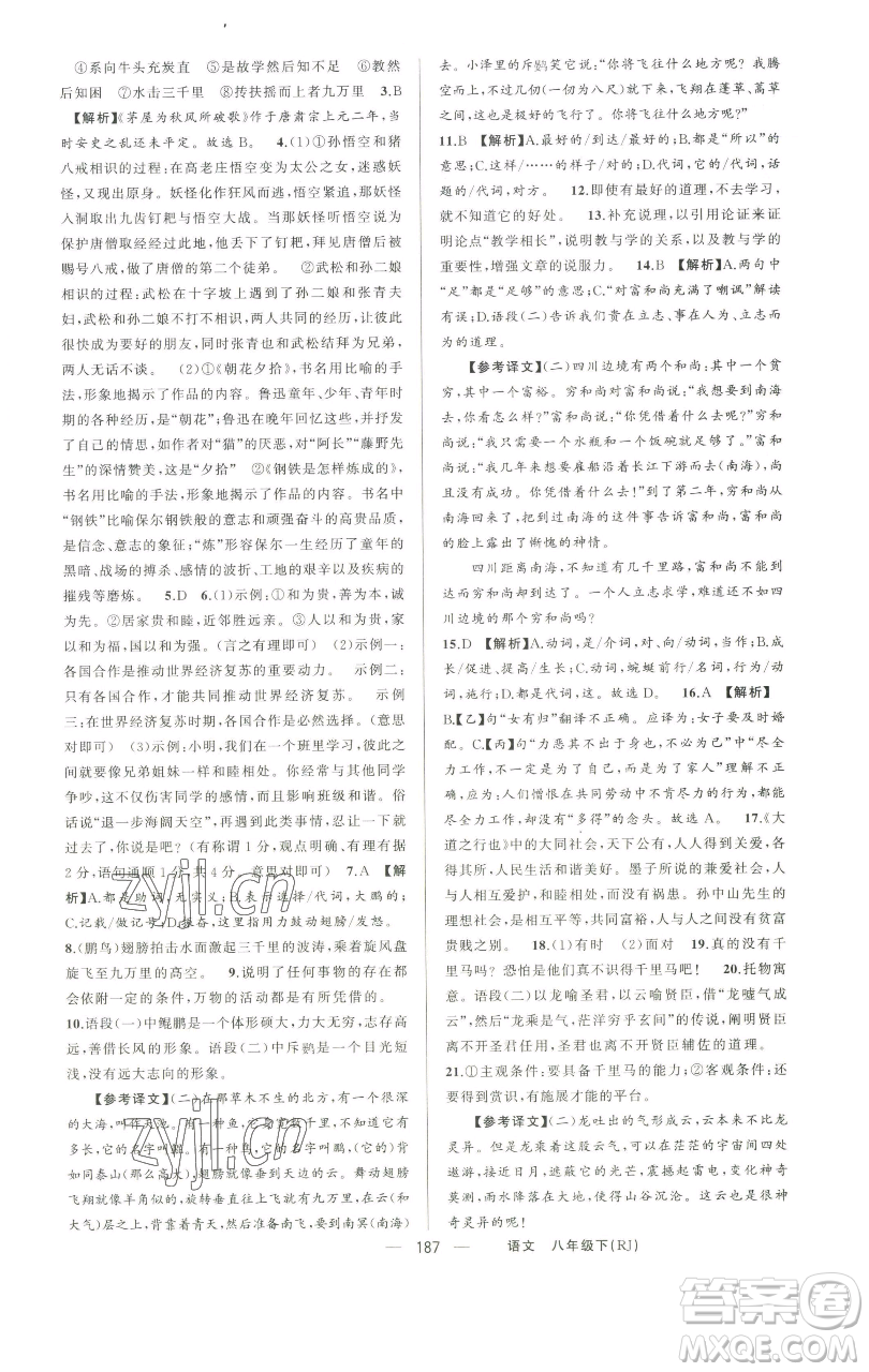 新疆青少年出版社2023四清導(dǎo)航八年級(jí)下冊(cè)語(yǔ)文人教版河南專版參考答案