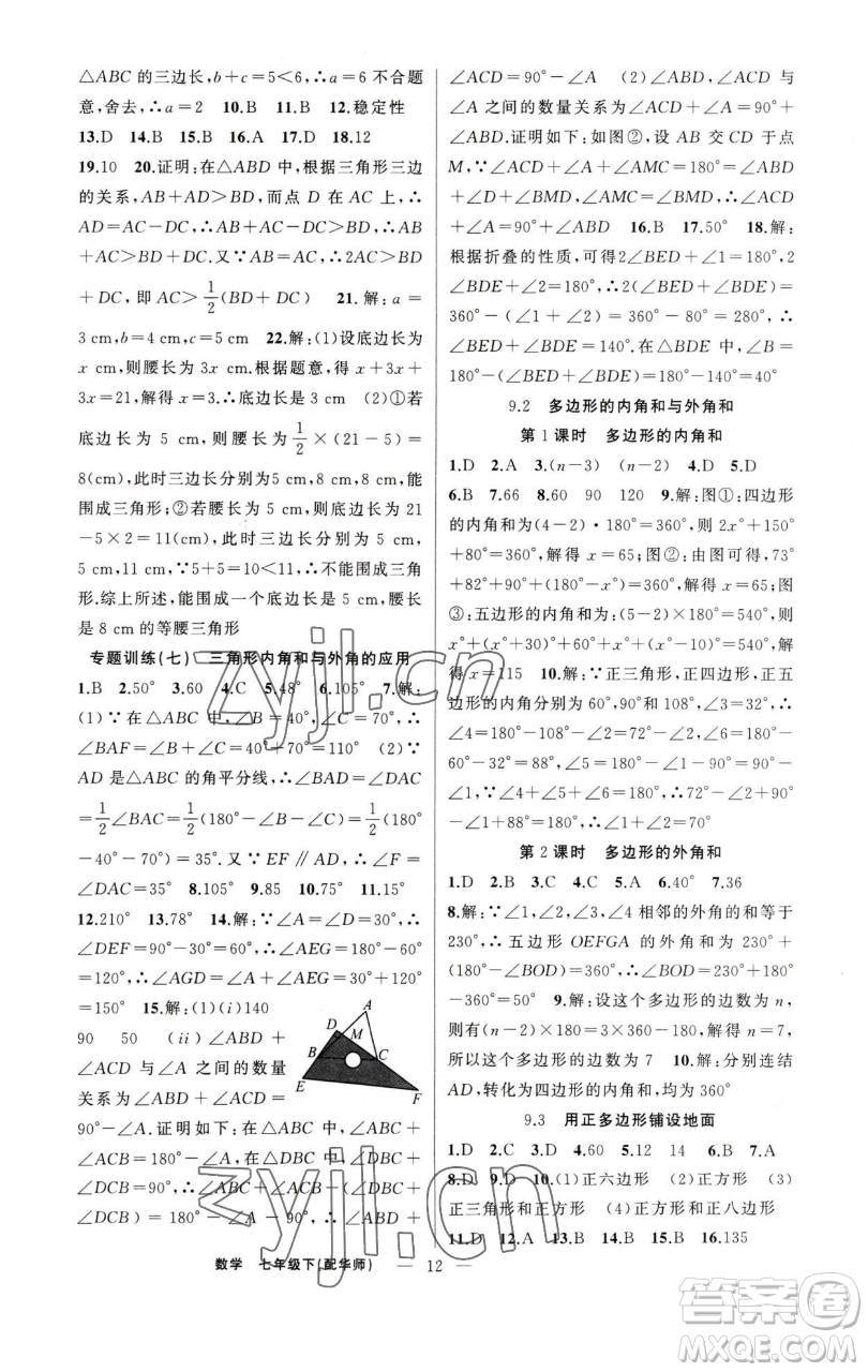 新疆青少年出版社2023四清導(dǎo)航七年級(jí)下冊(cè)數(shù)學(xué)華師版參考答案