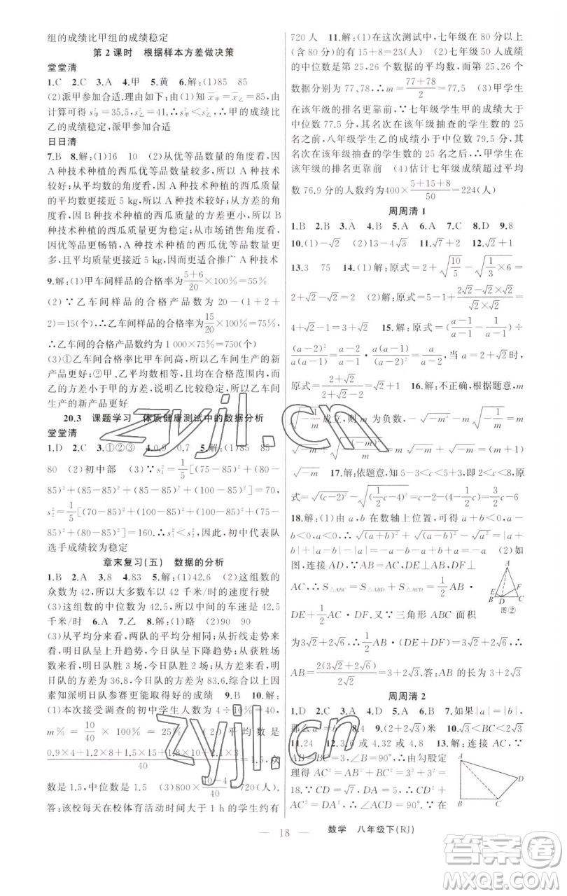 新疆青少年出版社2023四清導(dǎo)航八年級下冊數(shù)學(xué)人教版河南專版參考答案