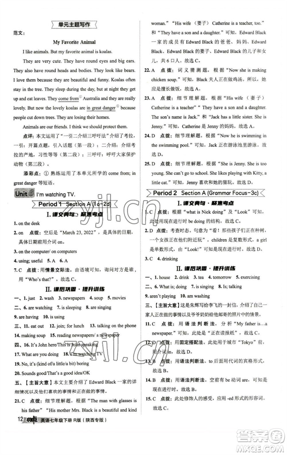 山西教育出版社2023綜合應(yīng)用創(chuàng)新題典中點(diǎn)七年級(jí)英語(yǔ)下冊(cè)人教版陜西專版參考答案