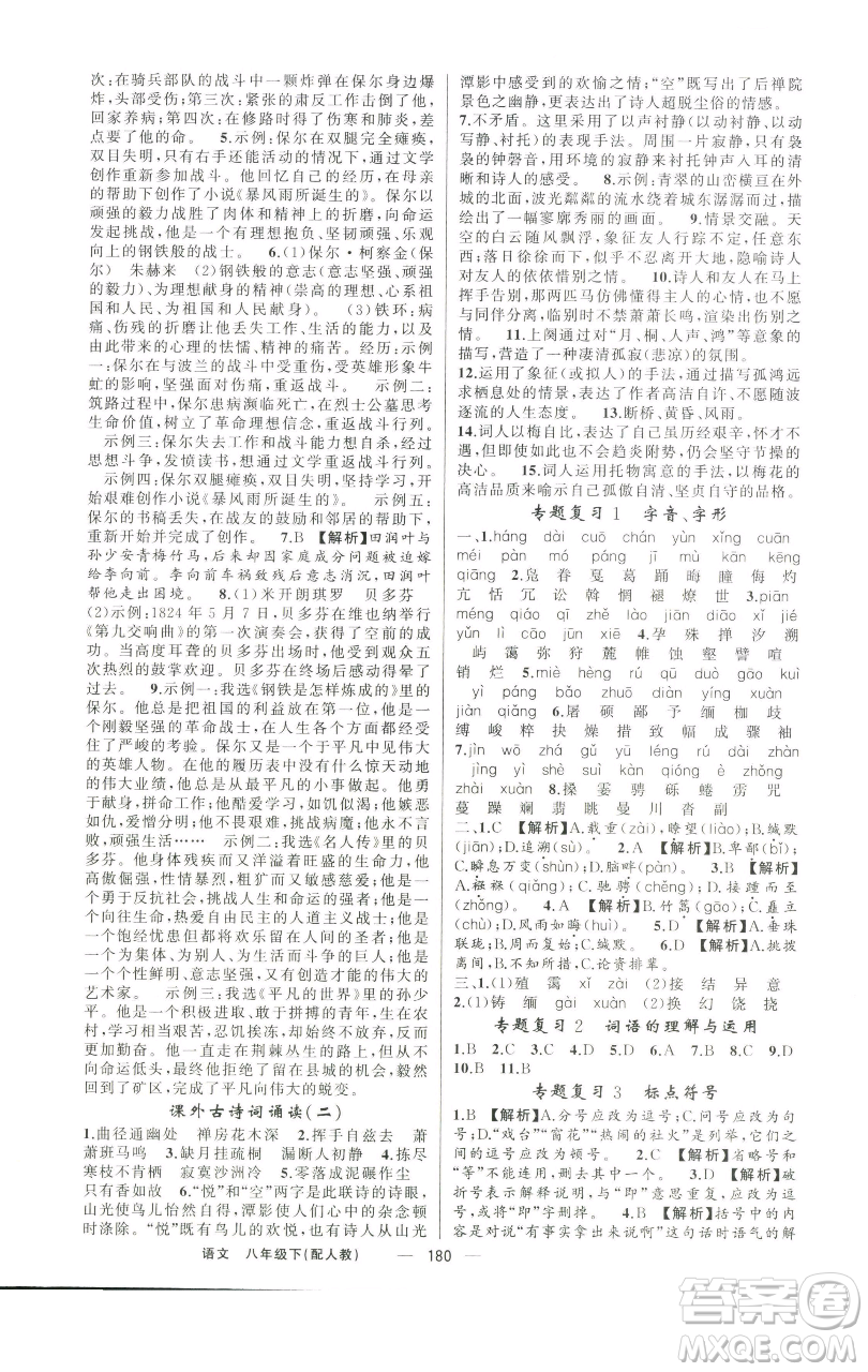 新疆青少年出版社2023四清導(dǎo)航八年級(jí)下冊(cè)語文人教版參考答案