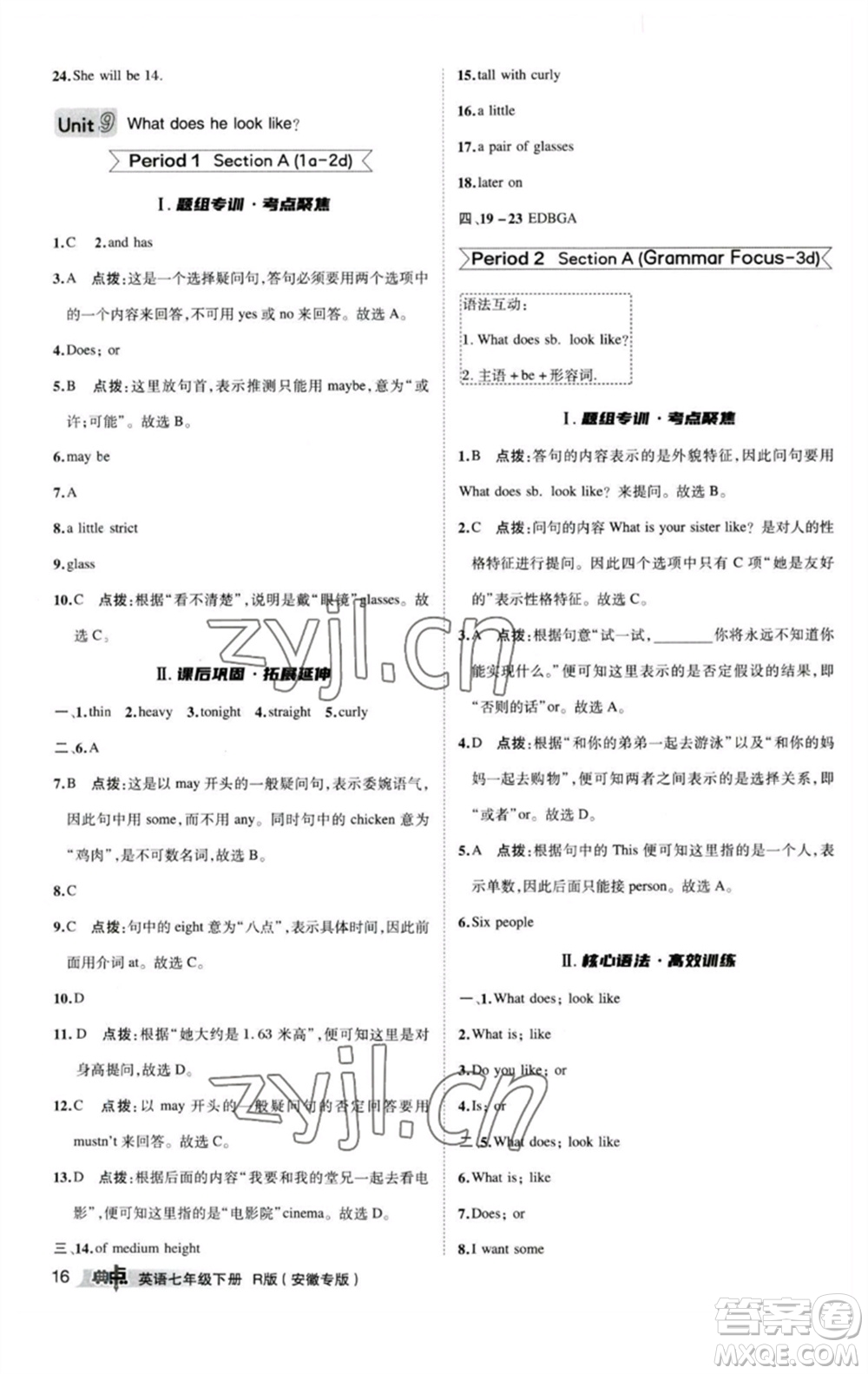 山西教育出版社2023綜合應(yīng)用創(chuàng)新題典中點(diǎn)七年級(jí)英語(yǔ)下冊(cè)人教版安徽專版參考答案