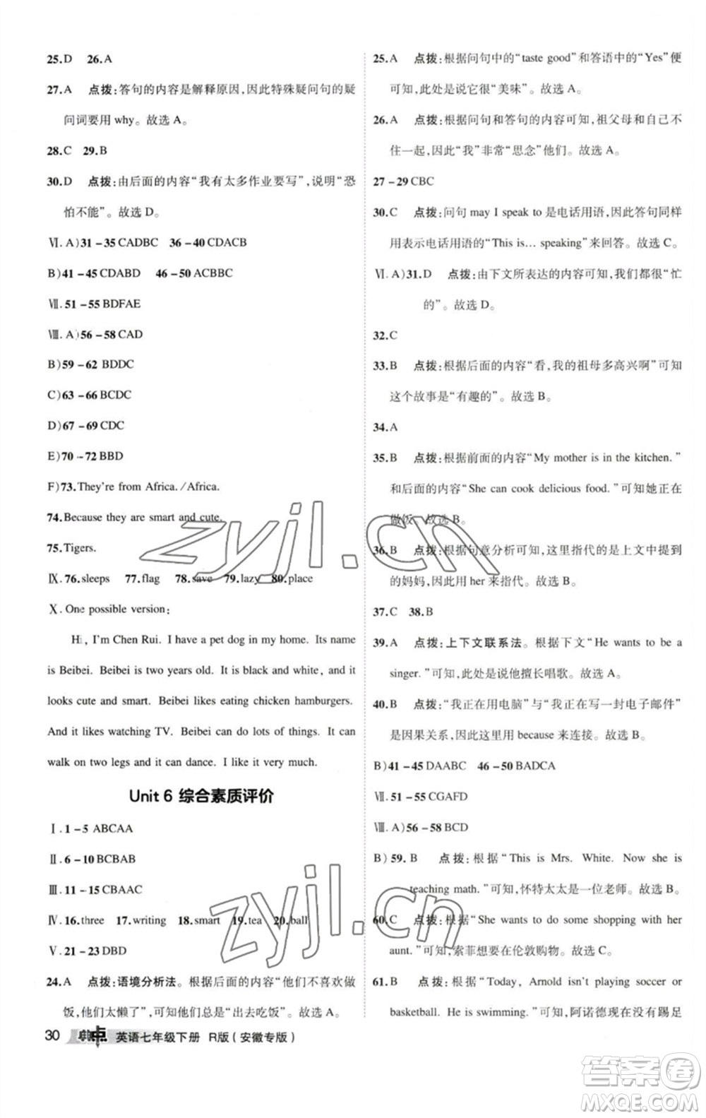 山西教育出版社2023綜合應(yīng)用創(chuàng)新題典中點(diǎn)七年級(jí)英語(yǔ)下冊(cè)人教版安徽專版參考答案