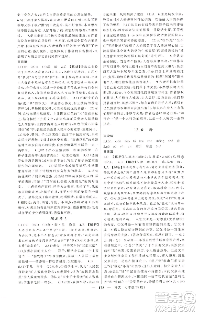 新疆青少年出版社2023四清導(dǎo)航七年級下冊語文人教版河南專版參考答案