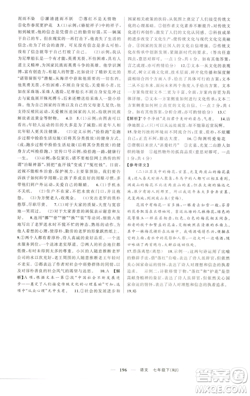 新疆青少年出版社2023四清導(dǎo)航七年級下冊語文人教版河南專版參考答案