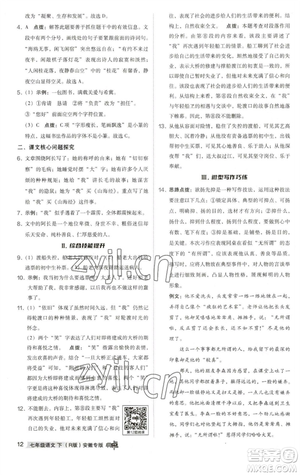 吉林教育出版社2023綜合應(yīng)用創(chuàng)新題典中點(diǎn)七年級(jí)語(yǔ)文下冊(cè)人教版安徽專版參考答案