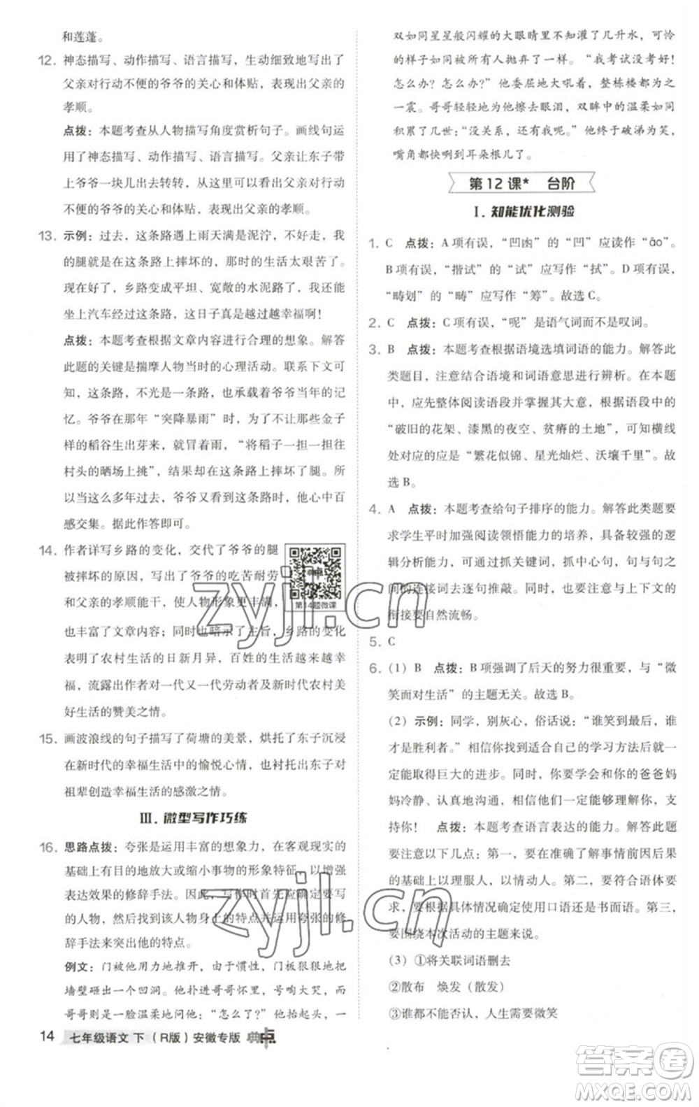 吉林教育出版社2023綜合應(yīng)用創(chuàng)新題典中點(diǎn)七年級(jí)語(yǔ)文下冊(cè)人教版安徽專版參考答案