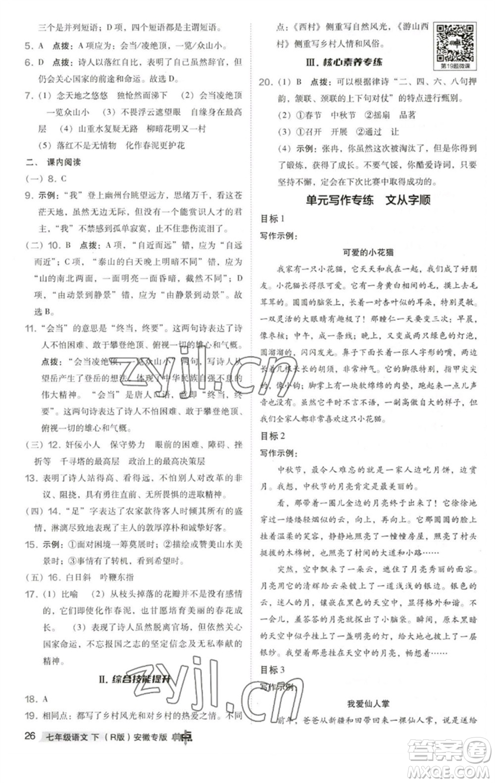 吉林教育出版社2023綜合應(yīng)用創(chuàng)新題典中點(diǎn)七年級(jí)語(yǔ)文下冊(cè)人教版安徽專版參考答案