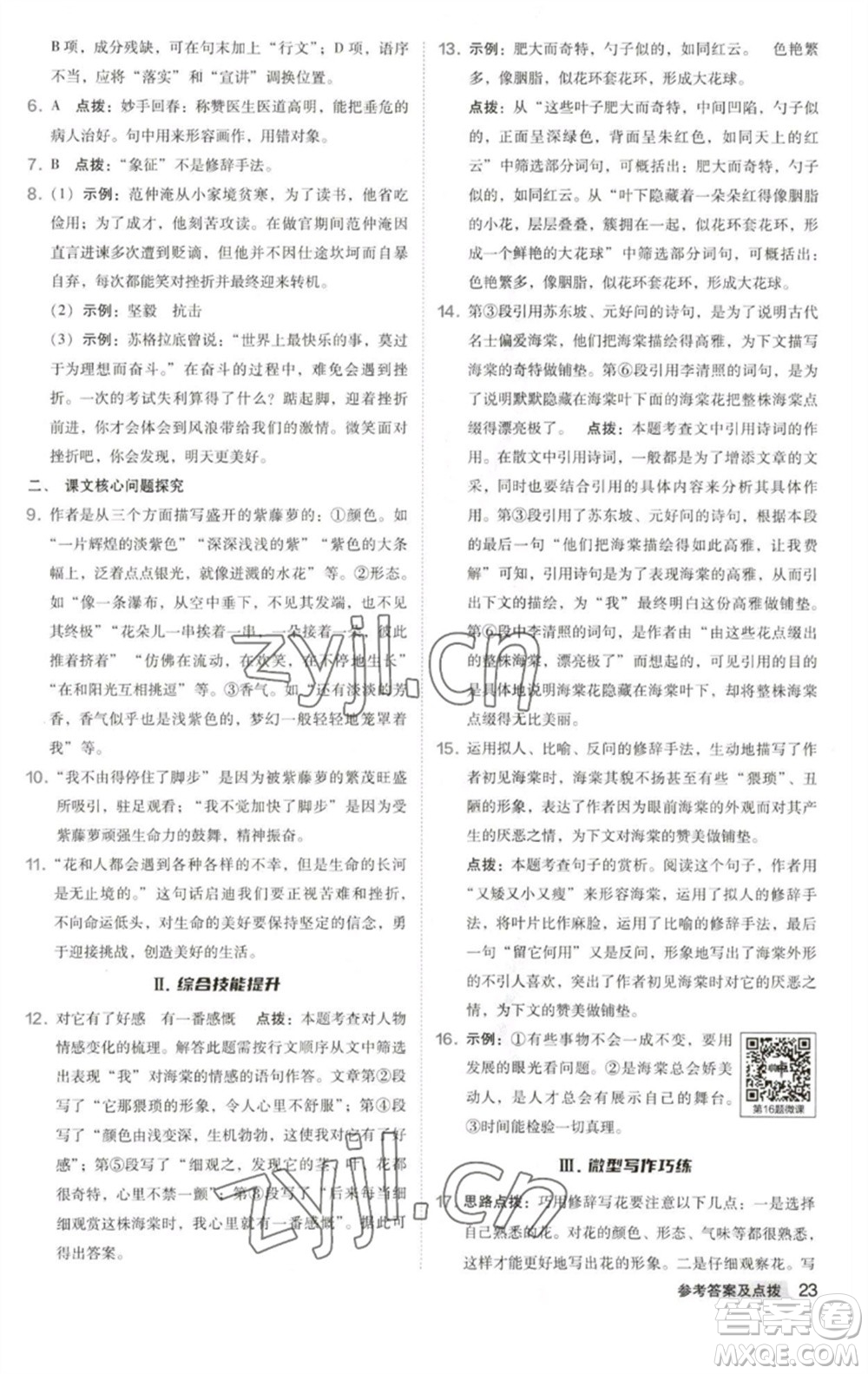 吉林教育出版社2023綜合應(yīng)用創(chuàng)新題典中點(diǎn)七年級(jí)語(yǔ)文下冊(cè)人教版安徽專版參考答案
