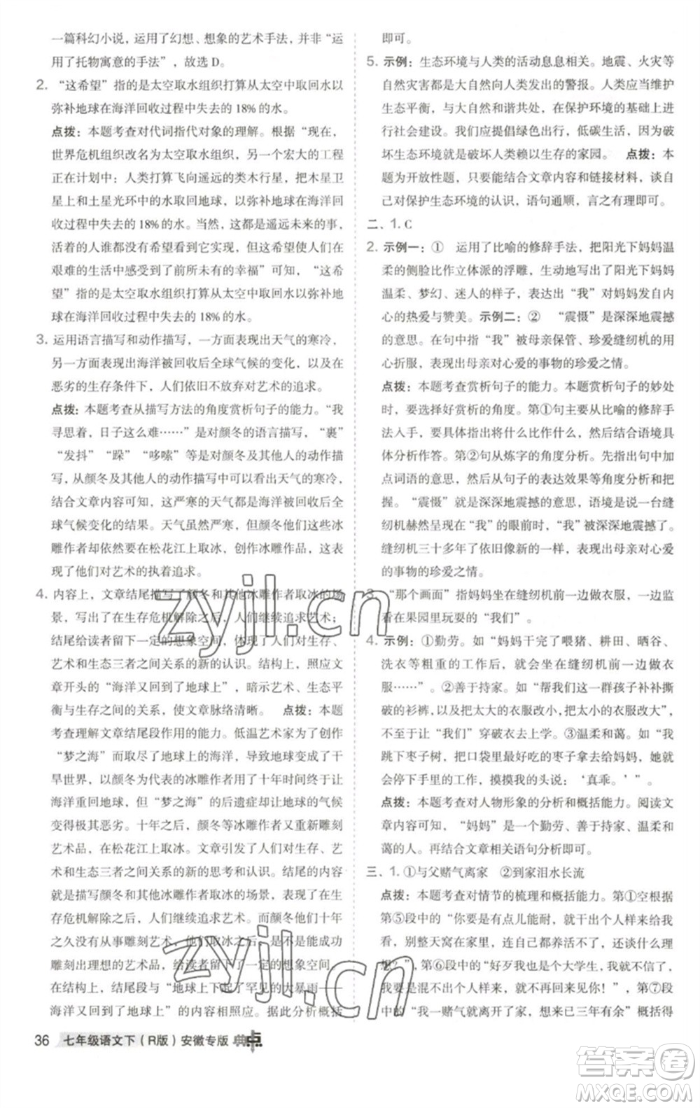 吉林教育出版社2023綜合應(yīng)用創(chuàng)新題典中點(diǎn)七年級(jí)語(yǔ)文下冊(cè)人教版安徽專版參考答案