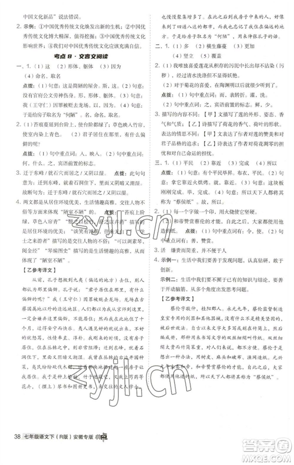 吉林教育出版社2023綜合應(yīng)用創(chuàng)新題典中點(diǎn)七年級(jí)語(yǔ)文下冊(cè)人教版安徽專版參考答案