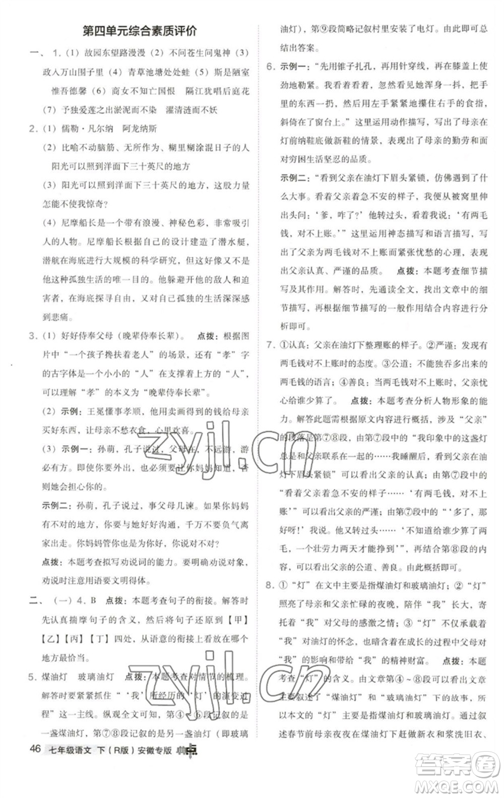 吉林教育出版社2023綜合應(yīng)用創(chuàng)新題典中點(diǎn)七年級(jí)語(yǔ)文下冊(cè)人教版安徽專版參考答案