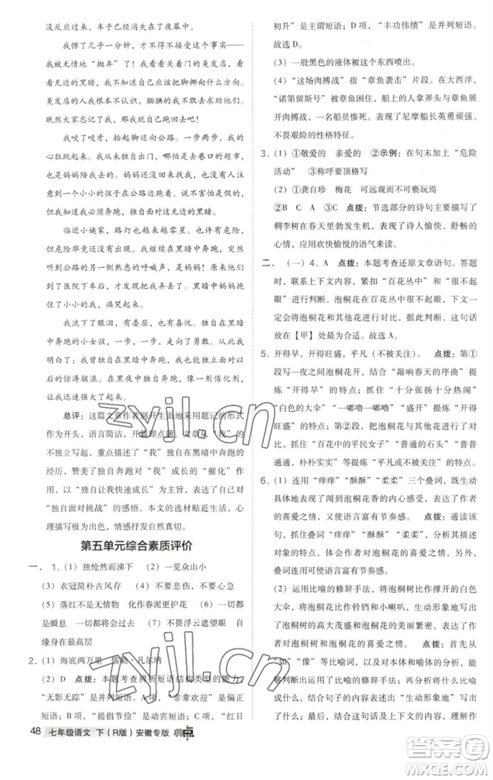 吉林教育出版社2023綜合應(yīng)用創(chuàng)新題典中點(diǎn)七年級(jí)語(yǔ)文下冊(cè)人教版安徽專版參考答案