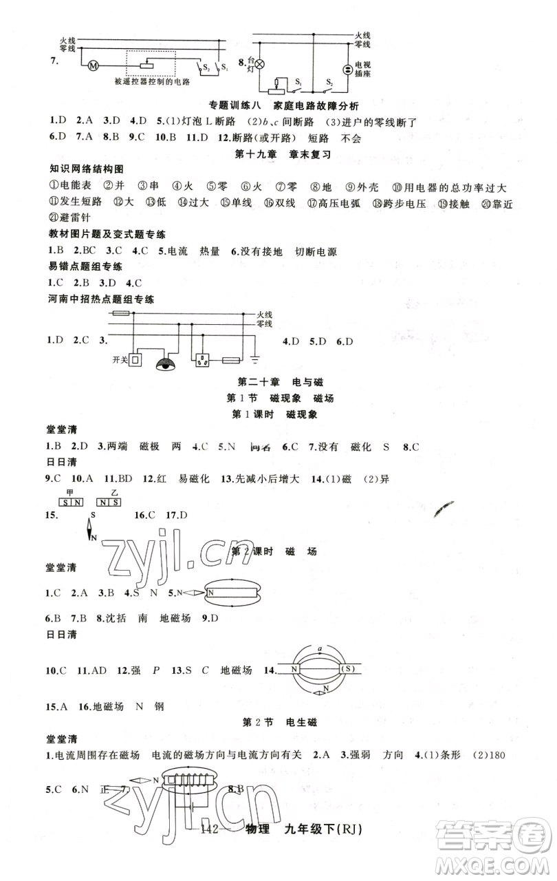 新疆青少年出版社2023四清導(dǎo)航九年級下冊物理人教版河南專版參考答案