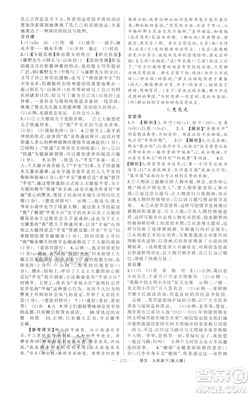 新疆青少年出版社2023四清導(dǎo)航九年級(jí)下冊語文人教版參考答案