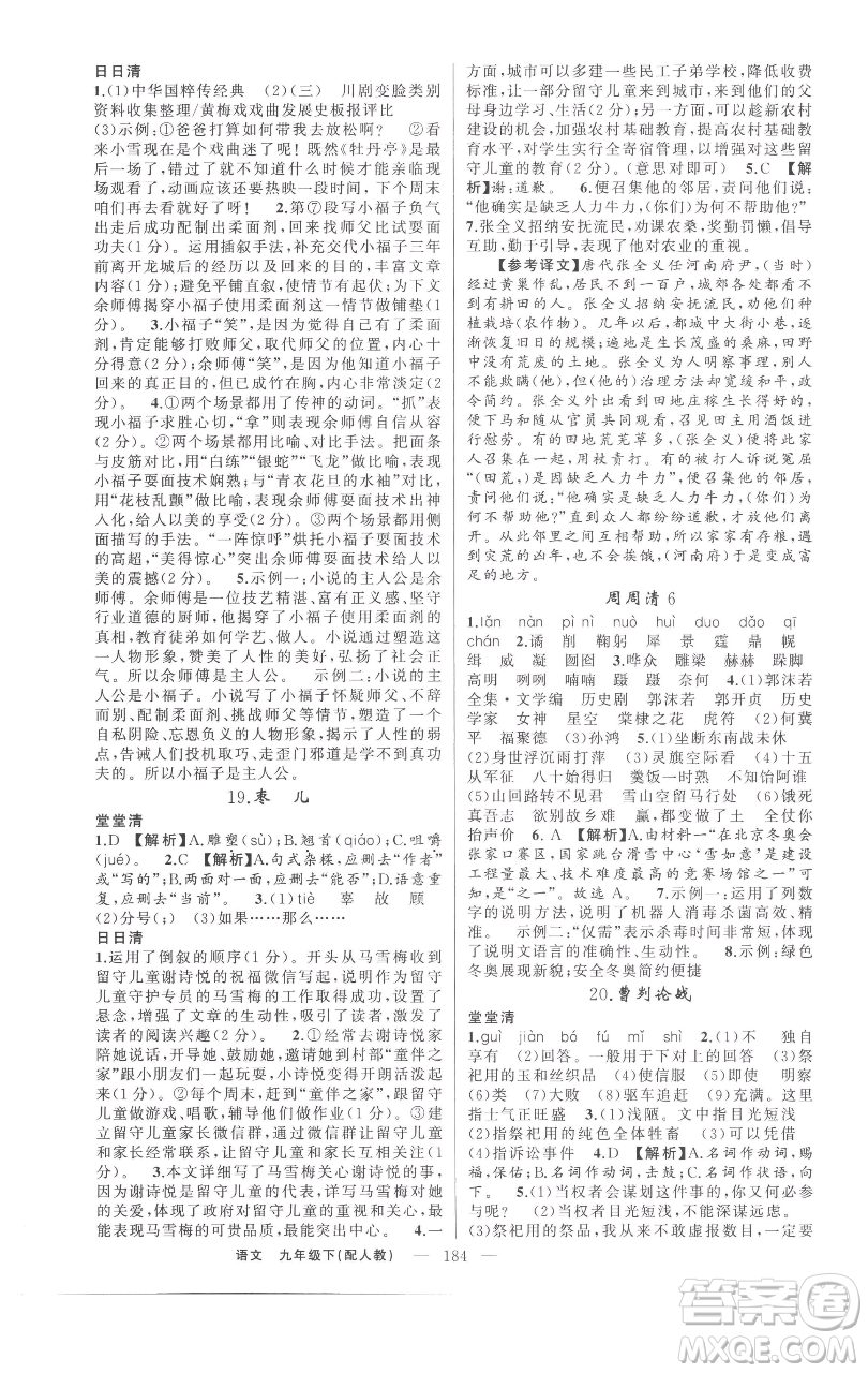 新疆青少年出版社2023四清導(dǎo)航九年級(jí)下冊語文人教版參考答案