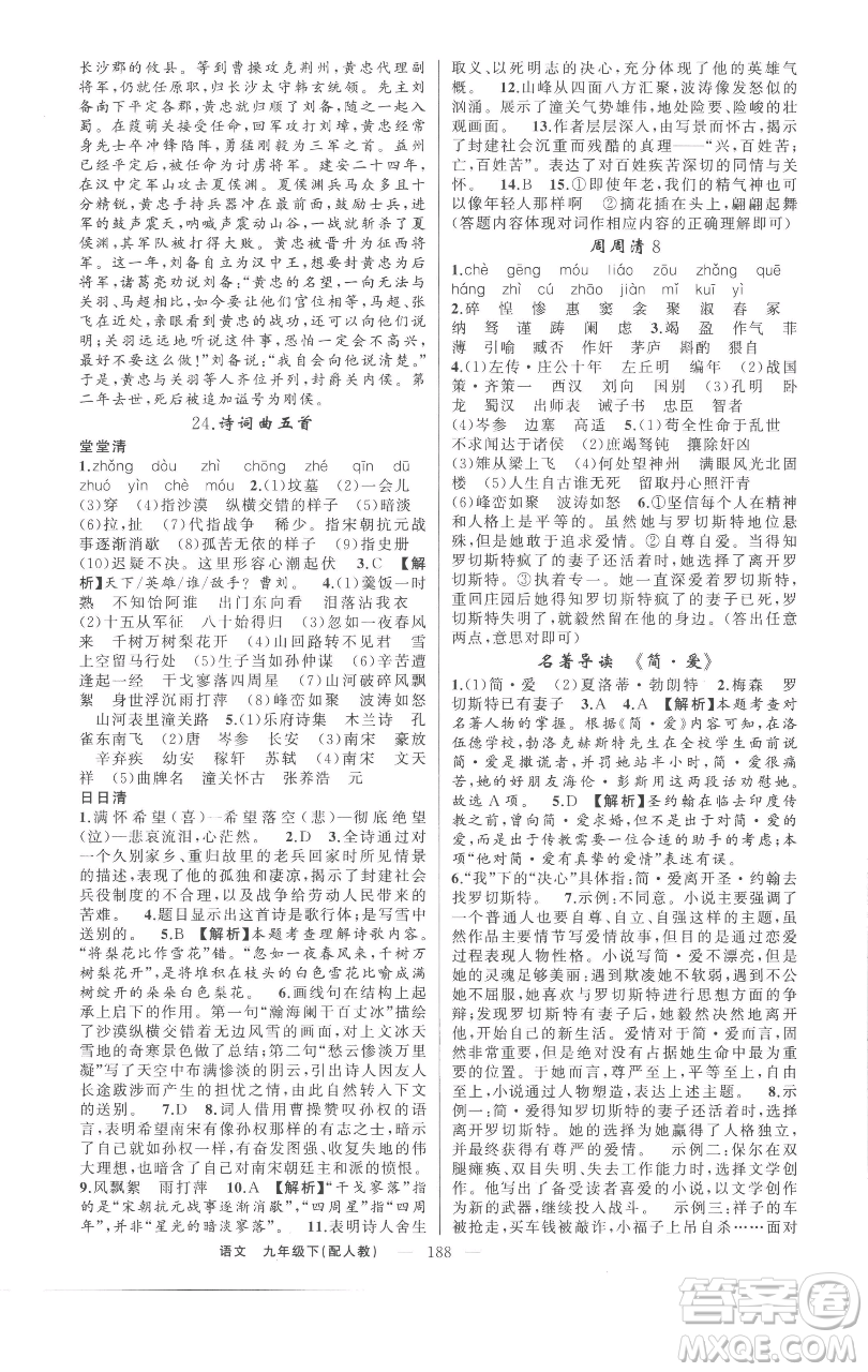 新疆青少年出版社2023四清導(dǎo)航九年級(jí)下冊語文人教版參考答案