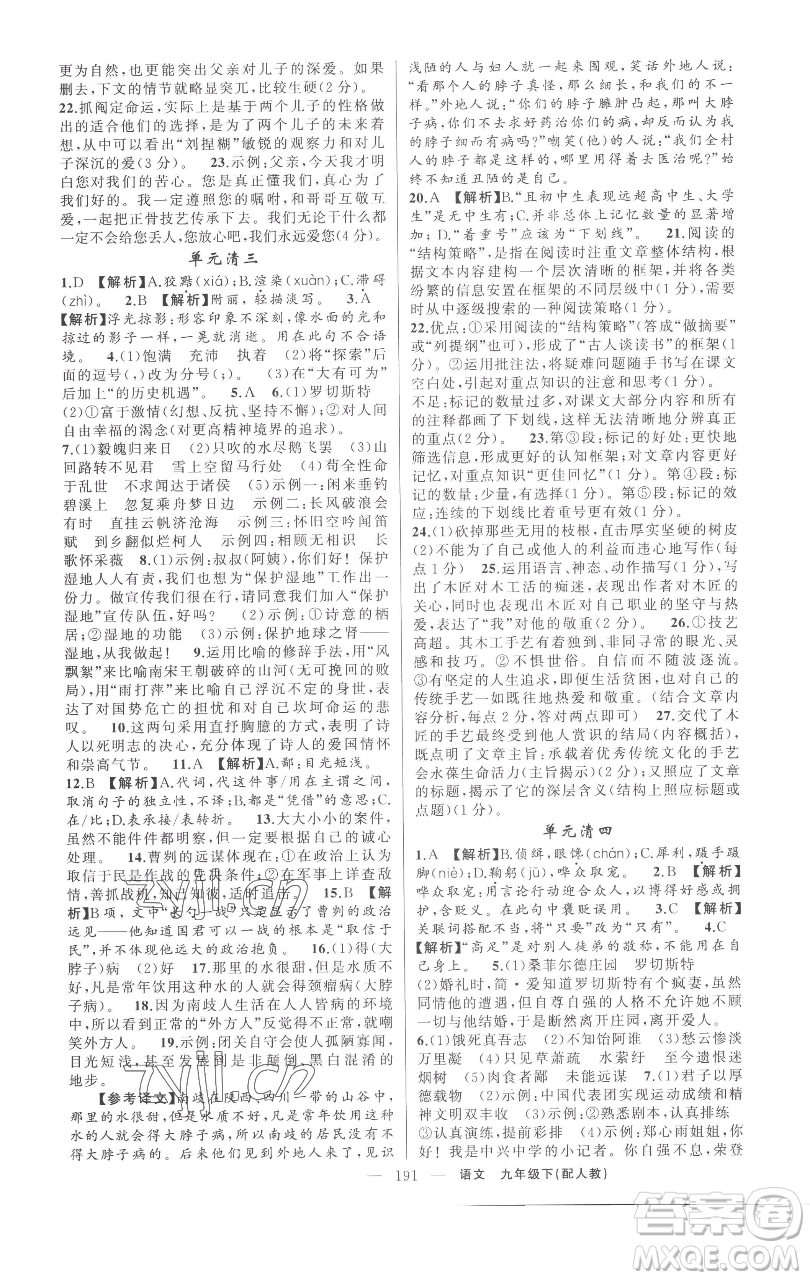 新疆青少年出版社2023四清導(dǎo)航九年級(jí)下冊語文人教版參考答案