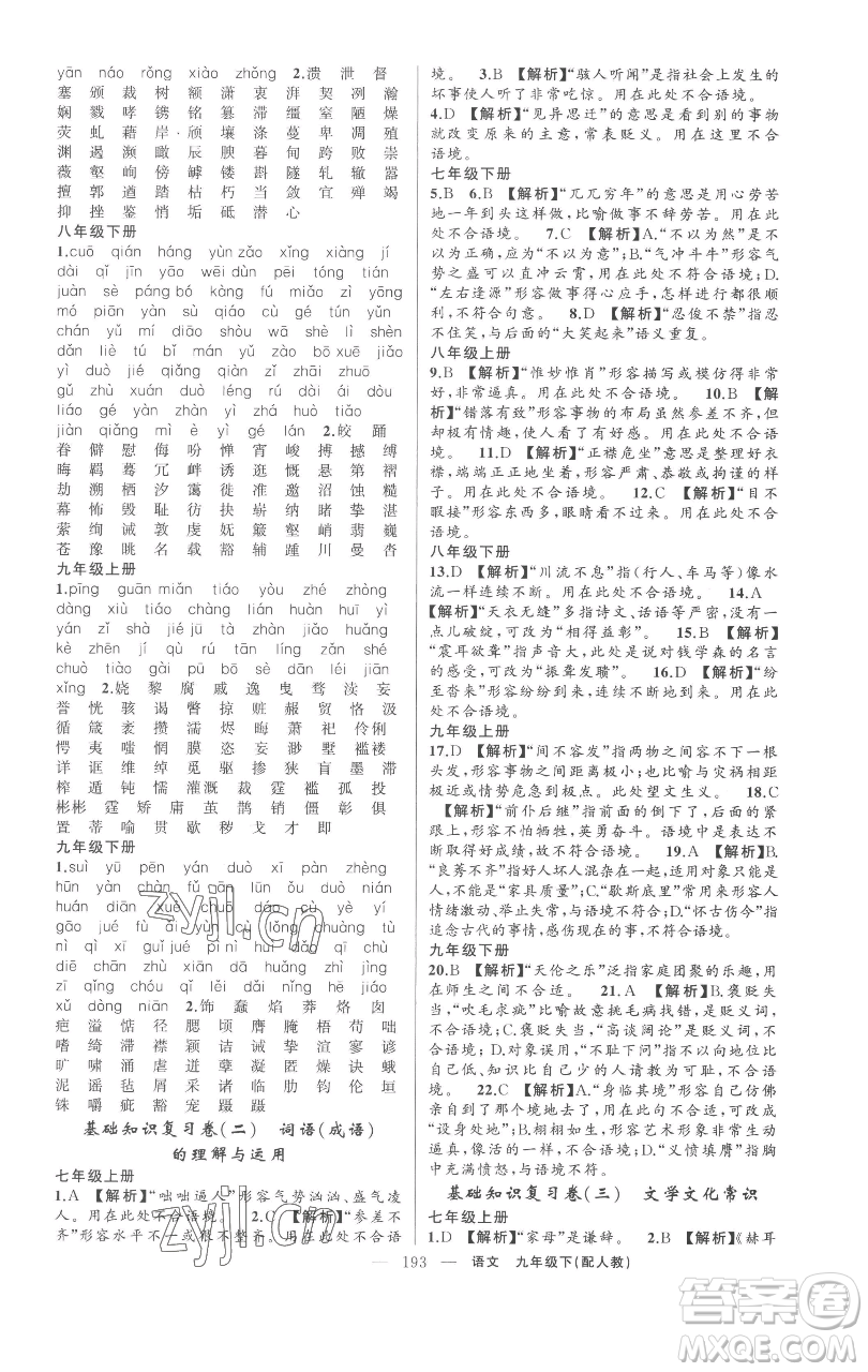 新疆青少年出版社2023四清導(dǎo)航九年級(jí)下冊語文人教版參考答案