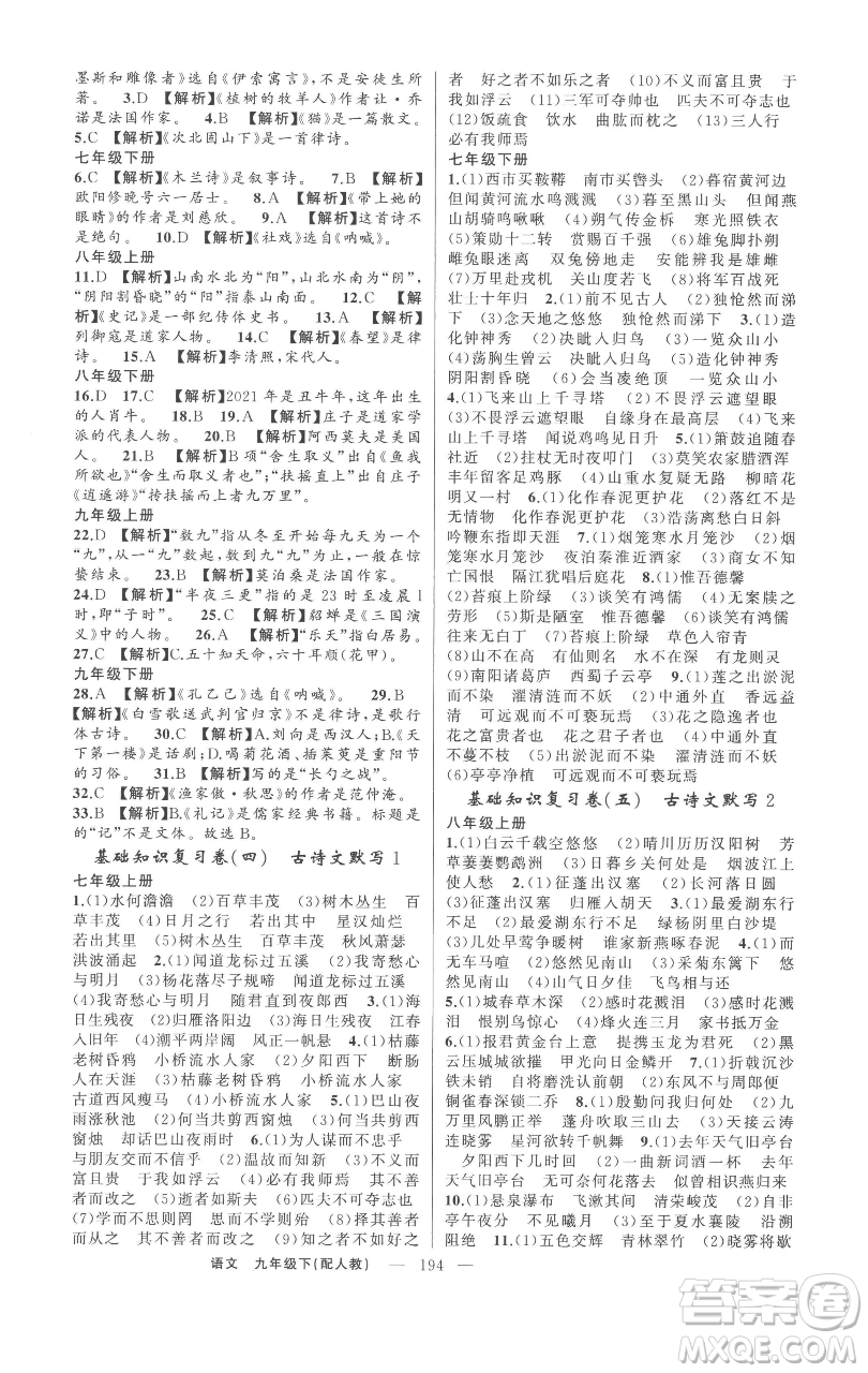 新疆青少年出版社2023四清導(dǎo)航九年級(jí)下冊語文人教版參考答案