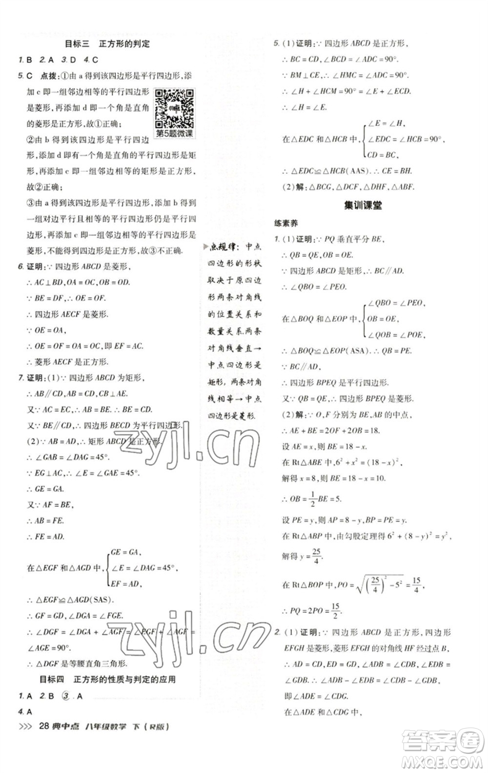 陜西人民教育出版社2023綜合應用創(chuàng)新題典中點八年級數學下冊人教版參考答案
