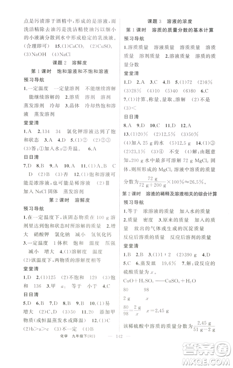 新疆青少年出版社2023四清導(dǎo)航九年級下冊化學(xué)人教版河南專版參考答案