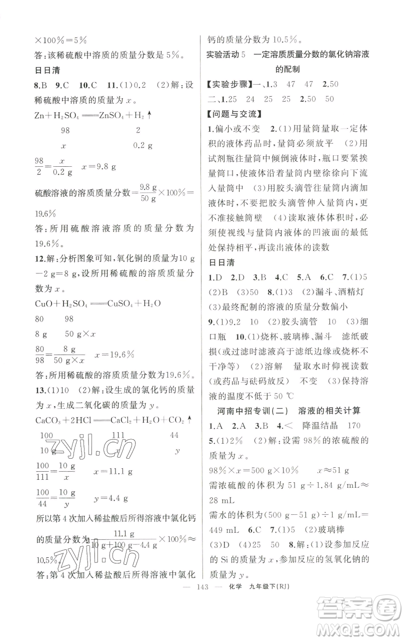 新疆青少年出版社2023四清導(dǎo)航九年級下冊化學(xué)人教版河南專版參考答案