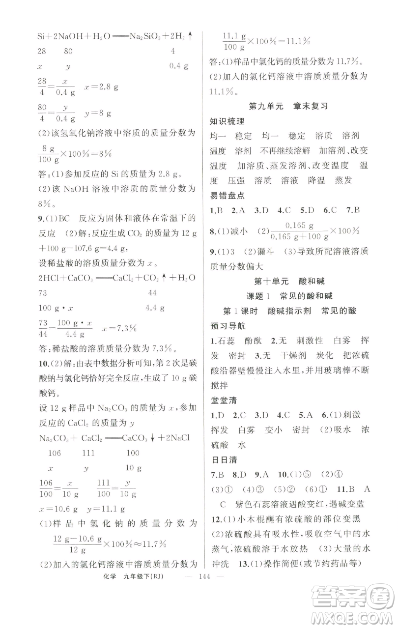 新疆青少年出版社2023四清導(dǎo)航九年級下冊化學(xué)人教版河南專版參考答案