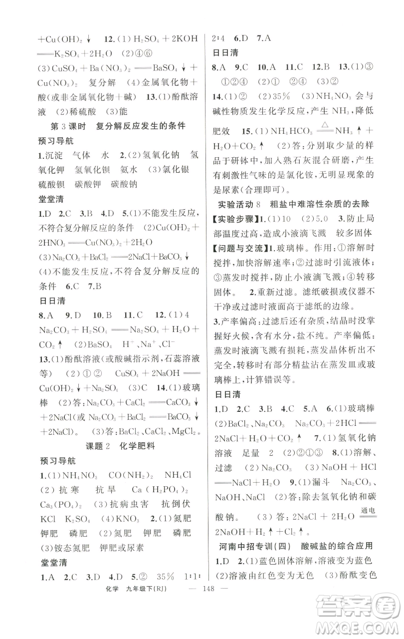新疆青少年出版社2023四清導(dǎo)航九年級下冊化學(xué)人教版河南專版參考答案