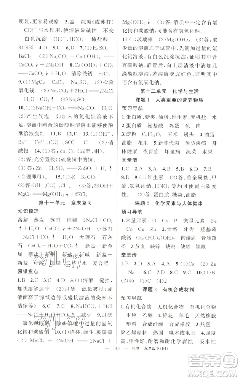 新疆青少年出版社2023四清導(dǎo)航九年級下冊化學(xué)人教版河南專版參考答案