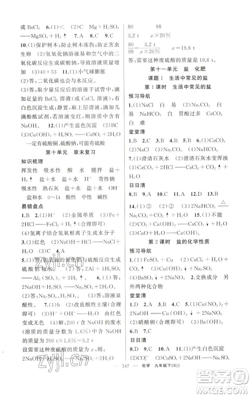 新疆青少年出版社2023四清導(dǎo)航九年級下冊化學(xué)人教版河南專版參考答案