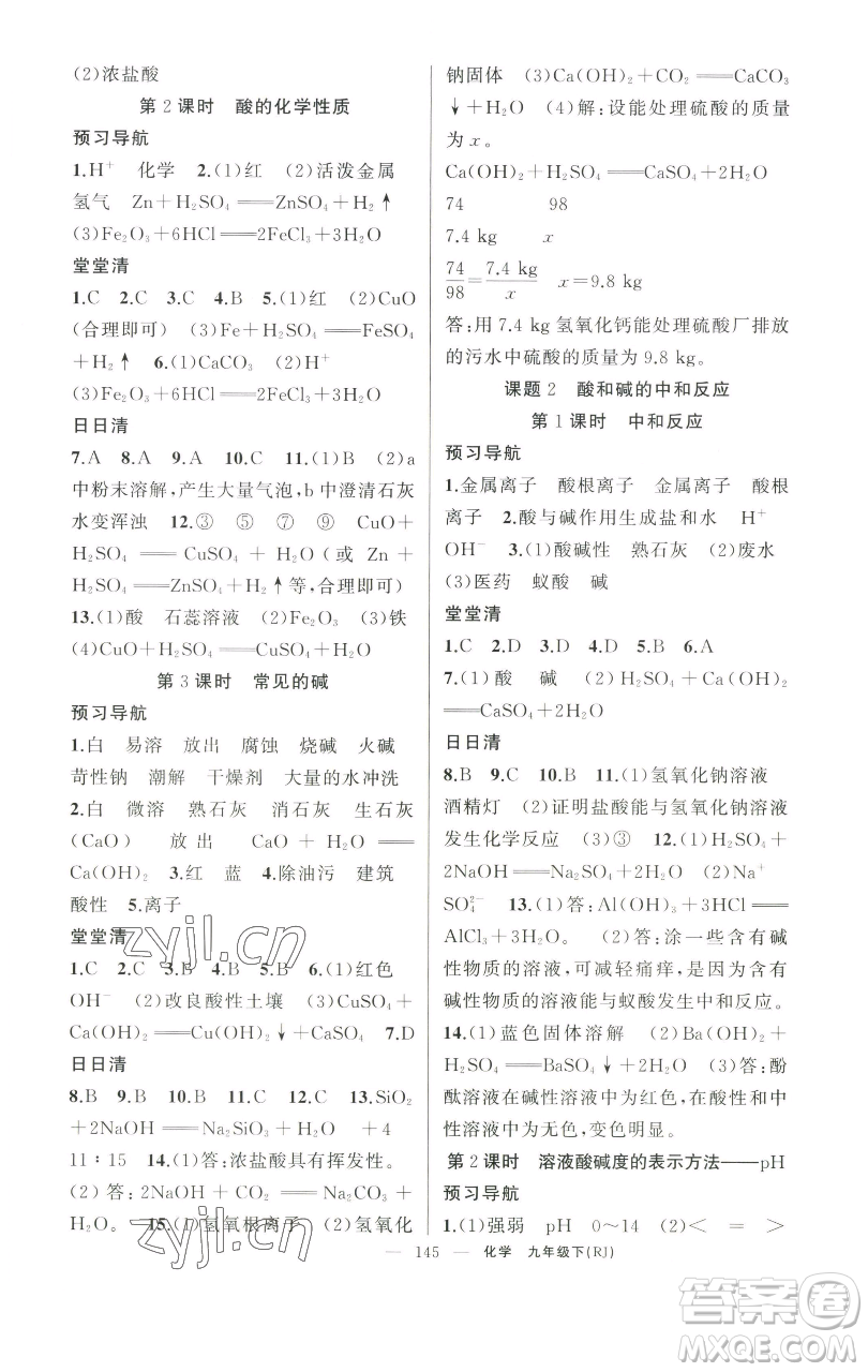 新疆青少年出版社2023四清導(dǎo)航九年級下冊化學(xué)人教版河南專版參考答案