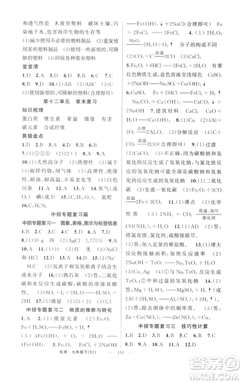 新疆青少年出版社2023四清導(dǎo)航九年級下冊化學(xué)人教版河南專版參考答案