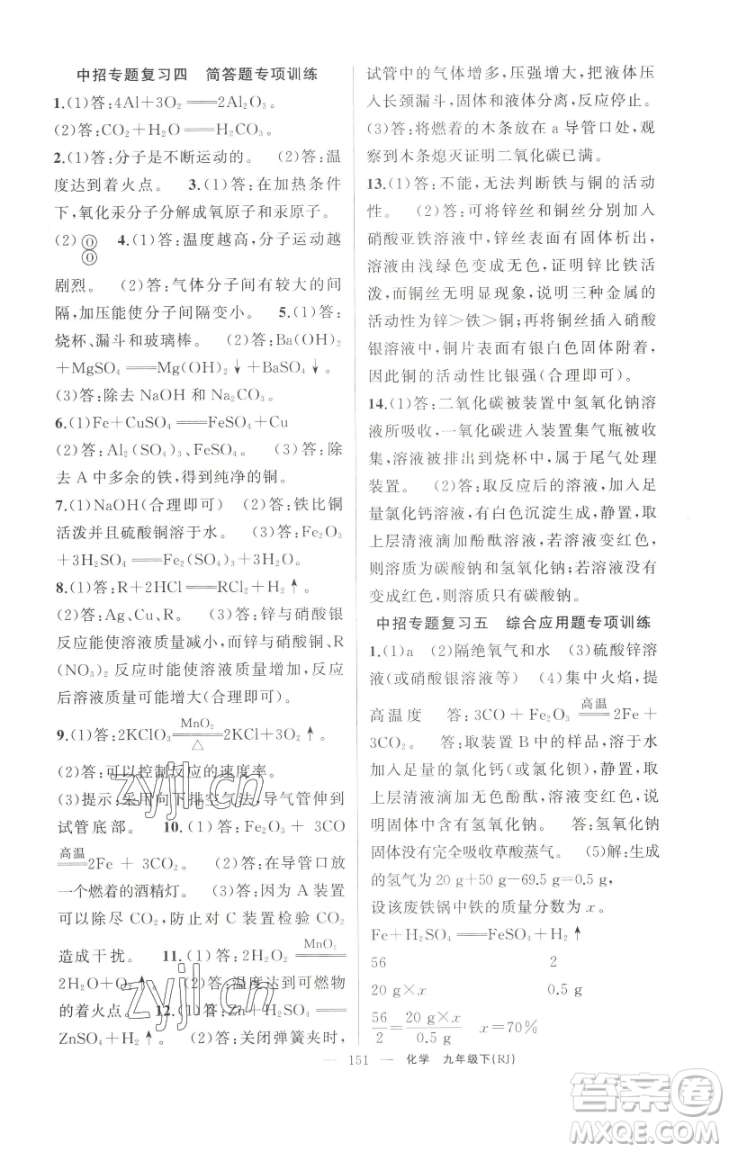新疆青少年出版社2023四清導(dǎo)航九年級下冊化學(xué)人教版河南專版參考答案