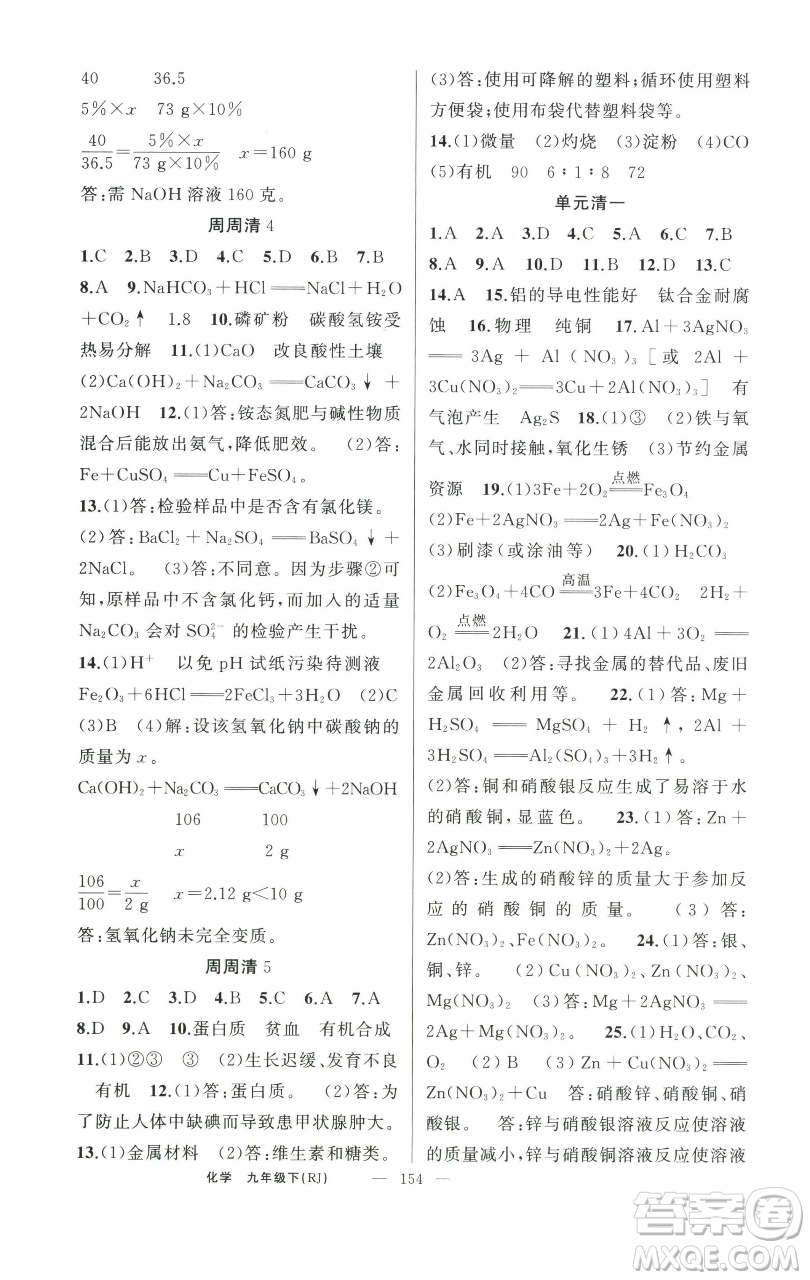 新疆青少年出版社2023四清導(dǎo)航九年級下冊化學(xué)人教版河南專版參考答案